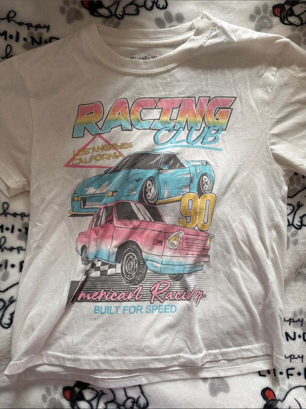 Nicola Bee Racing Club Graphic Tee - White with Teal, Pink & Yellow Accents